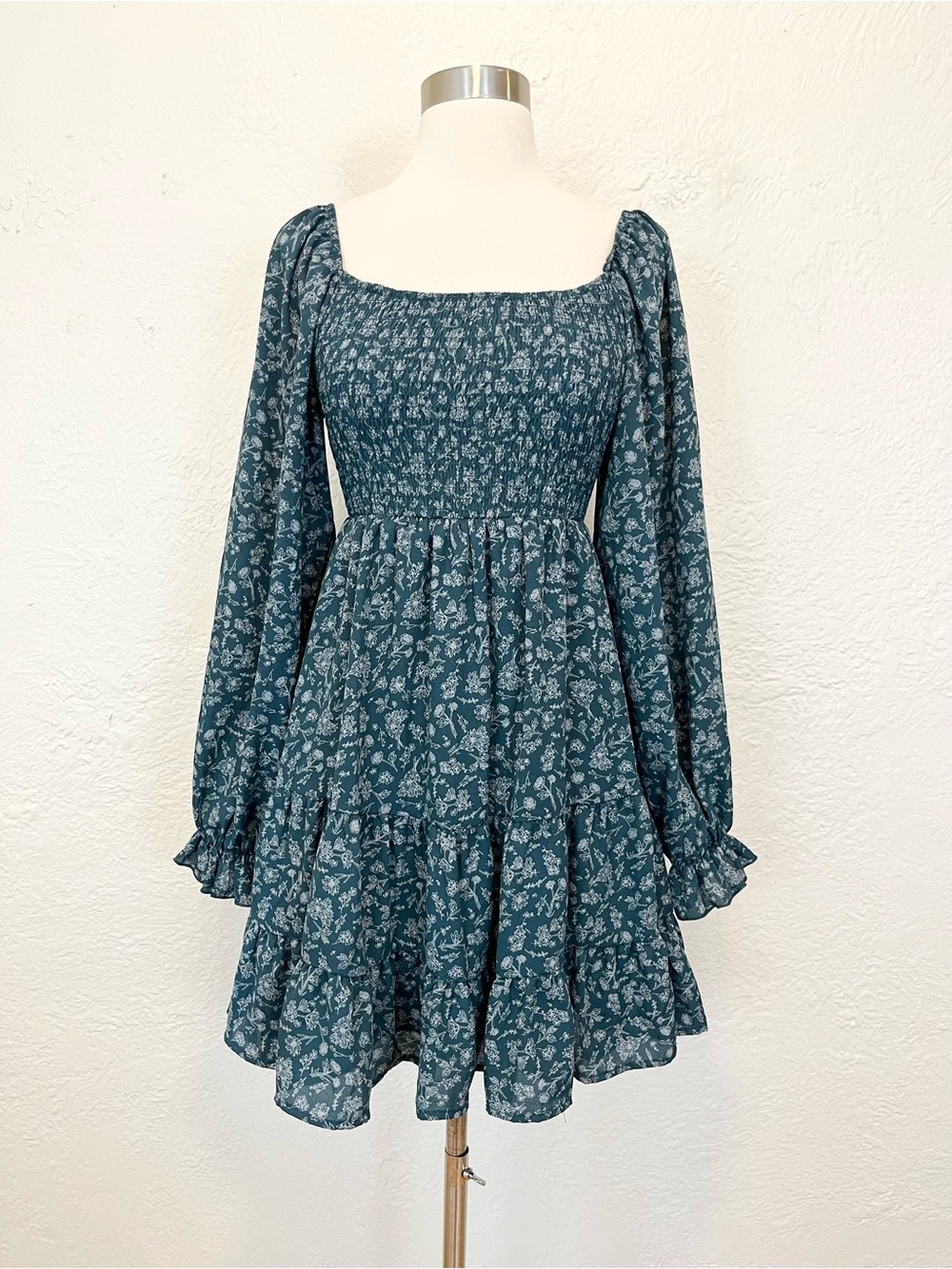 Altar'd State Dress Teal Green Blue Floral Smocked XS